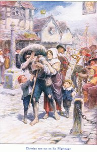 克里斯蒂安开始他的朝圣之旅，摘自 John F Shaw & Co 出版的《朝圣者的进步》，约 1900 年（彩色平版印刷） 作者 罗伯特·安布罗斯·杜德利