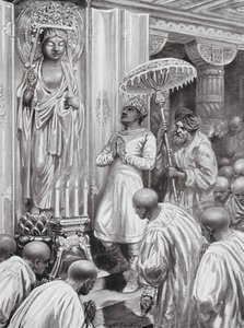 色迦王开创大乘（北方）佛教，公元 100 年（石版画） 作者 罗伯特·安布罗斯·杜德利