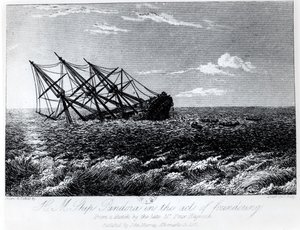 来自约翰·默里于1835年出版的John Barrow撰写的“关于HMS Bounty的城市和海盗掠夺事件的最终历史：其原因和后果”的HM Pandora 作者 罗伯特·巴蒂