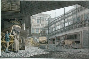格雷斯彻奇街展鹰酒店的院子，马车和马匹在进食的景象 作者 罗伯特·布莱默尔·施内伯贝利