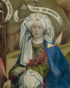 代表耶稣诞生的女性的细节，由 Flemalle 大师 Robert Campin (1375/1379-1444) 绘制，面板油画，约 1420 年 作者 罗伯特·坎平
