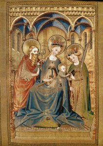 圣凯瑟琳和圣约翰施洗者之间的圣母玛利亚和圣婴，细节（亚麻布、金银线、丝绸、天鹅绒、珍珠和玻璃刺绣） 作者 罗伯特·坎平