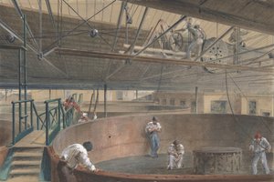 在电报建设厂的大水箱中卷起电缆......，1865年，1865年。