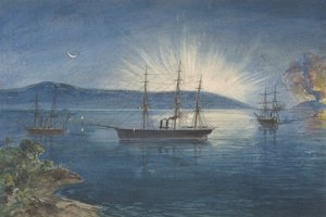 纽芬兰省三一湾的牛臂湾，山上点燃的篝火通知......, 1865-66