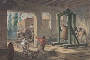 1865-66年，在工厂里，一卷卷覆盖着古塔胶的导电线被输送到罐子里...。