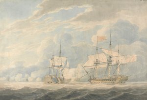 1797 年 10 月 11 日，德温特上将率领的荷兰海军中将在坎珀当海战中向邓肯上将率领的英国翁斯洛海军中将摇旗致敬。