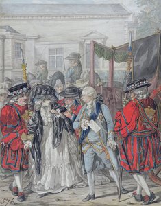 玛格丽特-尼科尔森企图刺杀乔治三世陛下（1738-1820 年），1786 年 8 月 2 日，圣詹姆斯宫花园入口处（纸上铅笔、钢笔和黑色墨水、水彩和体彩）