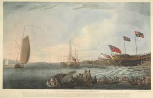 由东印度公司出资建造并于 1782 年 6 月献给国王陛下的 74 门炮孟买城堡号下水时的黑墙及船坞部分景色 作者 罗伯特·多德