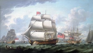 胜利号 "驶离斯皮特黑德（英格兰），身披红旗和胭脂鱼海军中将旗，右侧是一艘三桅船，被确认为 "夏洛特女王号"。 作者 罗伯特·多德