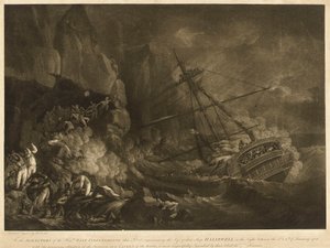 1786 年 1 月 5-6 日晚东印度公司的 "Harsewell "号轮船失事，约 1786 年（水印，蚀刻版画） 作者 罗伯特·多德