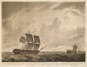 1814 年 2 月 26 日上午，国王陛下的 "EUROTAS "号军舰在桅杆的掩护下，即将与前一天傍晚偏离航道的法国护卫舰 "LA CLORINDE "号会合。 作者 罗伯特·多德