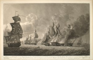 这幅 1794 年乔治节约翰-博拉斯-沃伦-巴伦爵士指挥的皇家游艇支队与四艘法 国游艇之间的战斗图景，谨致海军准将及其属下的几位舰长： "1794年乔治节，约翰-博拉斯-沃伦-巴伦爵士指挥的皇家游艇支队与四艘法 国游艇之间的战斗图景。 作者 罗伯特·多德