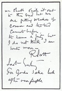 极地探险家罗伯特·法尔肯·斯科特（Robert Falcon Scott）日记的最后一页，他是命运多舛的英国南极探险队的领队，1912 年 3 月 29 日（石版画）