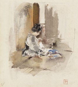 日本女孩缝纫，1890年 作者 罗伯特·弗雷德里克·布鲁姆