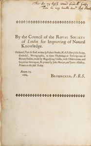 1665年“显微照片：或放大镜制成的微小物体的某些生理学描述”的签名页 作者 罗伯特·胡克