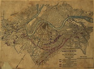 查塔努加 格兰特将军和布拉克顿-布拉格将军的部队在 1863 年 11 月 24 日至 5 日进行的战斗的示意图。格兰特将军和布拉克斯顿-布拉格将军的战役图，1863 年 11 月 24 日至 5 日。LOC gvhs01.vhs00275 作者 罗伯特·诺克斯·斯登