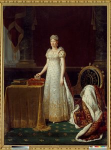拿破仑一世之妻玛丽·路易丝 (Marie-Louise) (1791-1847) 肖像，代表帝国摄政王，佩戴拿破仑 1812 年捐赠的 Chaumet 钻石套装——在她身后，装饰着帝国风格的扶手椅 拿破仑的“N”