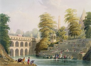 Guzerat巴罗达附近的桥梁景观，来自印度风景，服饰和建筑的第二卷，由J. Willis和H. Melville蚀刻，由Charles Bentley（1806-54）酒吧刻。由史密斯，埃尔 作者 罗伯特·梅尔维尔·格林德利
