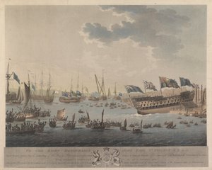 致圣文森特伯爵 K.B. c.c.这幅版画描绘了国王陛下的希伯尼号（120 门大炮）、西尔塞号和帕拉斯号护卫舰（各 32 门大炮）下水的场景，以及圣乔治号（98 门大炮）在 11 月 17 日经过全面维修后下水的场景。 作者 罗伯特·帕克