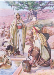 Rachel在井中，来自Thomas Nelson出版的The Bible Picture Book，c.1950