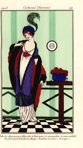 Woman in white charmeuse satin gown with violet chiffon tunic trimmed with skunk fur, cape of Etruscan velvet. Robe de charmeuse blanche a tunique de mousseline de soie violette brodee de vert et bordee de skungs, manteau de velours etrusque. Handcoloured  作者 罗伯特·皮切诺特