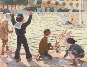 天鹅击沉男孩的玩具游艇（彩色石版画）