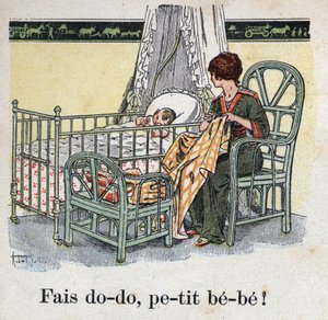 儿童读物《我会读书--一个爸爸的有条不紊的有趣的字母表》1926年。插图由罗伯特-萨勒斯（1871-1929）绘制。"睡觉吧，宝贝宝贝!".一位母亲在她孩子的房间里缝制衣服，等待她的孩子睡觉。