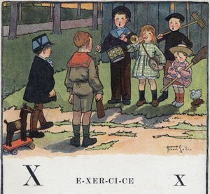 儿童读物《我会读书--一个爸爸的有条不紊的有趣的字母表》1926年。插图由罗伯特-萨勒斯（1871-1929）绘制。Abecedary：字母X作为练习。儿童玩军事游戏。