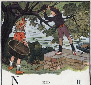 儿童读物《我会读书--一个爸爸的有条不紊的有趣的字母表》1926年。插图由罗伯特-萨勒斯（1871-1929）绘制。abecedary：字母N为巢。一个男孩拿着一个建在树上的巢。 作者 罗伯特·萨尔斯