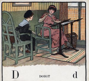 儿童读物《我会读书--一个爸爸的有条不紊的有趣的字母表》1926年。插图由罗伯特-萨勒斯（1871-1929）绘制。abecedary：字母D为Finger。一位母亲向她的儿子解释刺绣的内容。 作者 罗伯特·萨尔斯