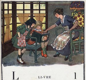 儿童读物《我会读书--一个爸爸的有条不紊的有趣的字母表》1926年。插图由罗伯特-萨勒斯（1871-1929）绘制。abecedary：字母L为书。一位母亲教她的女儿阅读。