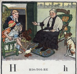 儿童读物《我会读书--一个爸爸的有条不紊的有趣的字母表》1926年。插图由罗伯特-萨勒斯（1871-1929）绘制。Abecedaire：字母H为历史。一位祖母在壁炉旁给她的孙子们讲故事。