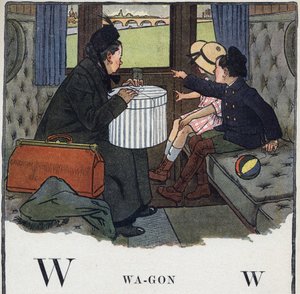儿童读物《我会读书--一个爸爸的有条不紊的有趣的字母表》1926年。插图由罗伯特-萨勒斯（1871-1929）绘制。Abecedaire：字母W为马车。两个孩子和他们的母亲在火车车厢里旅行。 作者 罗伯特·萨尔斯