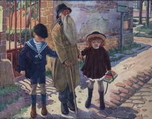 盲人的棍子：两个孩子帮助一个盲人老人走路。罗伯特-萨勒斯（1871-1929）在 "Je sais Lire "中提供的插图。