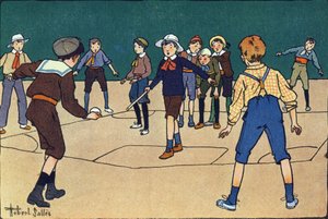 Theque (team game with ball and stick). Engraving in “” What are we playing? “” by E. Weber with watercolour drawings by Robert Salles (1871-1929). Librairie Garnier Freres, Paris 作者 罗伯特·萨尔斯