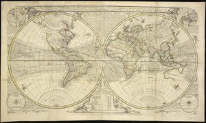 新版两半球世界地图，附有两位环球航海家丹皮尔（Dampier）和安森（Anson）的新发现和论述：根据最新的地理学家绘制，并根据安维尔和罗伯特两位航海家的著作进行了大幅改进 作者 罗伯特·塞耶