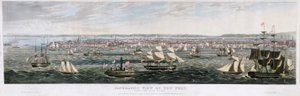 从东河看纽约的全景，出版。1844年（彩色平版印刷）。