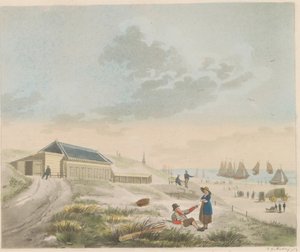 斯海弗宁根海滩，约 1825 年
斯海弗宁根海滩和沙丘风光及普龙克先生的澡堂/Vue du rivage et des dunes a Scheveninge et representation des Bains appartement à mons.r Pronk（标题在实物上）