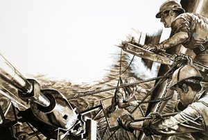 北海平台上的石油工人（纸上水粉画）