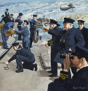 温斯顿-丘吉尔（1874-1965）在海军场景中（纸面水粉画）