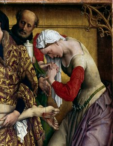 十字架的沉积或下降。 圣玛丽玛德琳的细节。 罗吉尔祭坛画 (Roger) Van Der Weyden (1400-1464) 1435 Dim。 2,20 x 0,35 m 马德里，普拉多博物馆 - 十字架的沉积或下降。 圣玛丽抹大拉的细节。 祭坛画 作者 罗吉尔·范·德·韦登