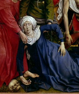 十字架的沉积或下降。 消失的处女的细节。 罗吉尔祭坛画 (Roger) Van Der Weyden (1400-1464) 1435 Dim。 2,20 x 0,35 m 马德里，普拉多博物馆 - 十字架的沉积或下降。 处女晕倒的细节。 祭坛画 作者 罗吉尔·范·德·韦登