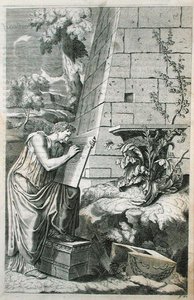 建筑师工作的古典场景，插图来自1723年出版的Chambray的《古代建筑与现代建筑的平行》（雕刻）。 作者 罗兰 (后) Freart de Chambray
