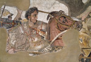 亚历山大大帝（356-323 BC）骑着他的马Bucephale。庞贝城农神之家的马赛克 作者 小说