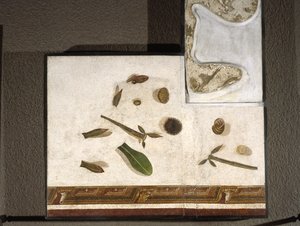 “Asarotos”（未扫过的地板）由来自罗马的 Harakliton 签名的马赛克碎片，公元 2 世纪，罗马 作者 小说