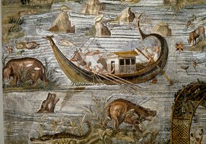 公元前 80 年财富 Primigenia 神殿的 Preneste (Palestrina) 尼罗河马赛克细节 作者 小说