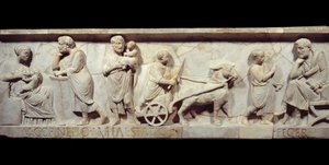 公元 150 年左右的 Marcus Cornelius Statius 石棺碎片 - 古罗马：罗马石棺的脸。 孩子从出生到学习的生活场景。 巴黎，卢浮宫 作者 小说