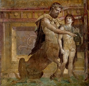 希腊神话：半人马凯龙和阿喀琉斯之子。 赫库兰努姆大教堂 (Basilica di Ercolano) 的壁画。 罗马艺术那不勒斯，Museo Archeologico Nazionale - 希腊神话：半人马凯龙星和阿喀琉斯之子或 C 的阿喀琉斯教育 作者 小说
