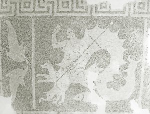 Scylla和Charybdis的希腊化的小卵石马赛克守卫海峡，Scylla细节。 House of Dionysos，帕福斯，塞浦路斯马赛克 作者 小说