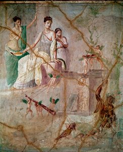 赫拉克勒斯和欧姆法勒（hercules and Omphale）来自庞贝的第三代庞贝风格的罗马壁画（Fresco from Pompeii）公元40-60年 Dim 88x103 cm 保存于意大利那不勒斯国家考古博物馆 作者 小说